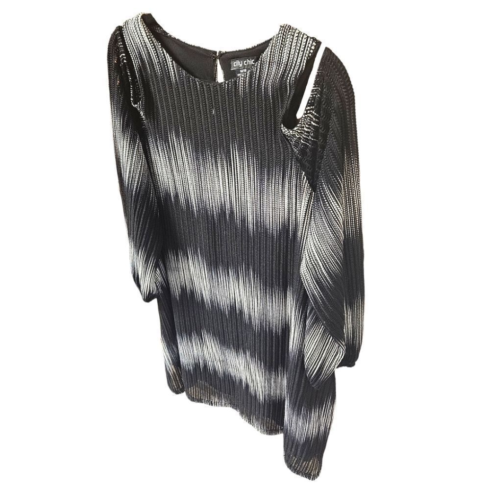 CITY CHICβ Black & Silver Ombre Mesh Knit Long Sleeve Cold Shoulder Shift Dress - Picture 4 of 15